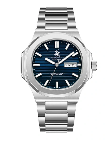Beverly Hills Polo Club Men's Automatic Watch with Dark Blue Dial and Silver Stainless Steel Band, BP3835X.390