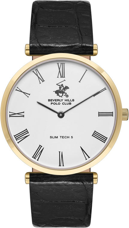 Beverly Hills Polo Club Men's Analog Watch, White Ceramic Dial  With Black Leather Strap, BP3615X.131