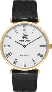 Beverly Hills Polo Club Men's Analog Watch, White Ceramic Dial  With Black Leather Strap, BP3615X.131