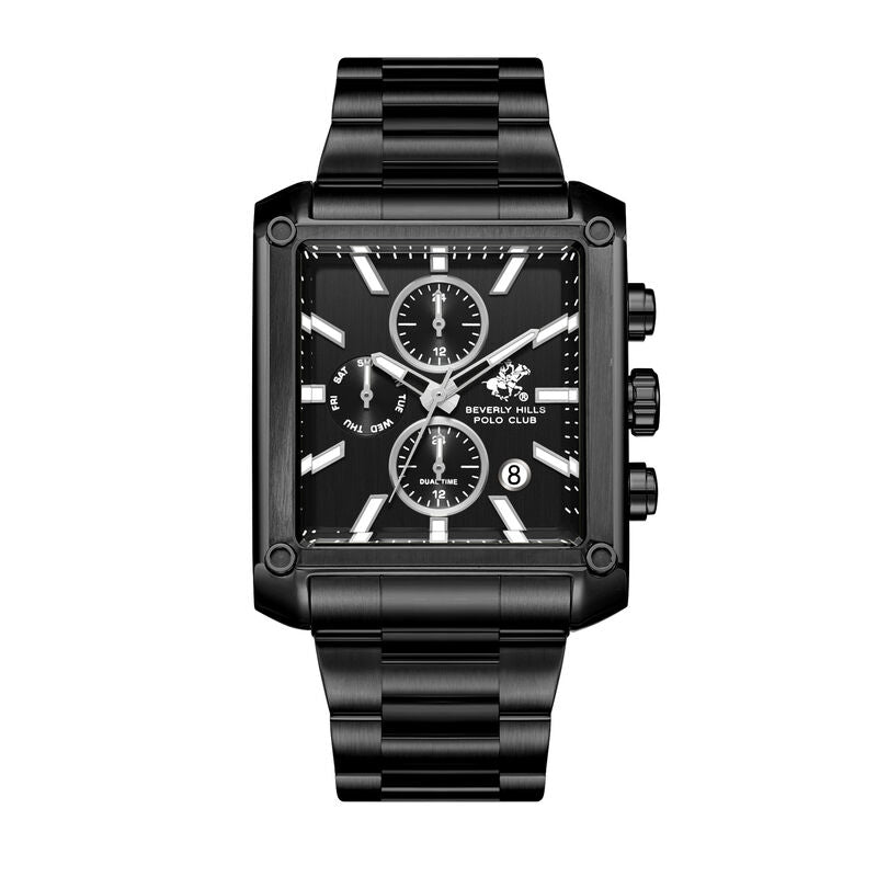 Beverly Hills Polo Club Men's Multifunction Analog Watch, Black Dial with Black Stainless Steel Band, BP3868X.650